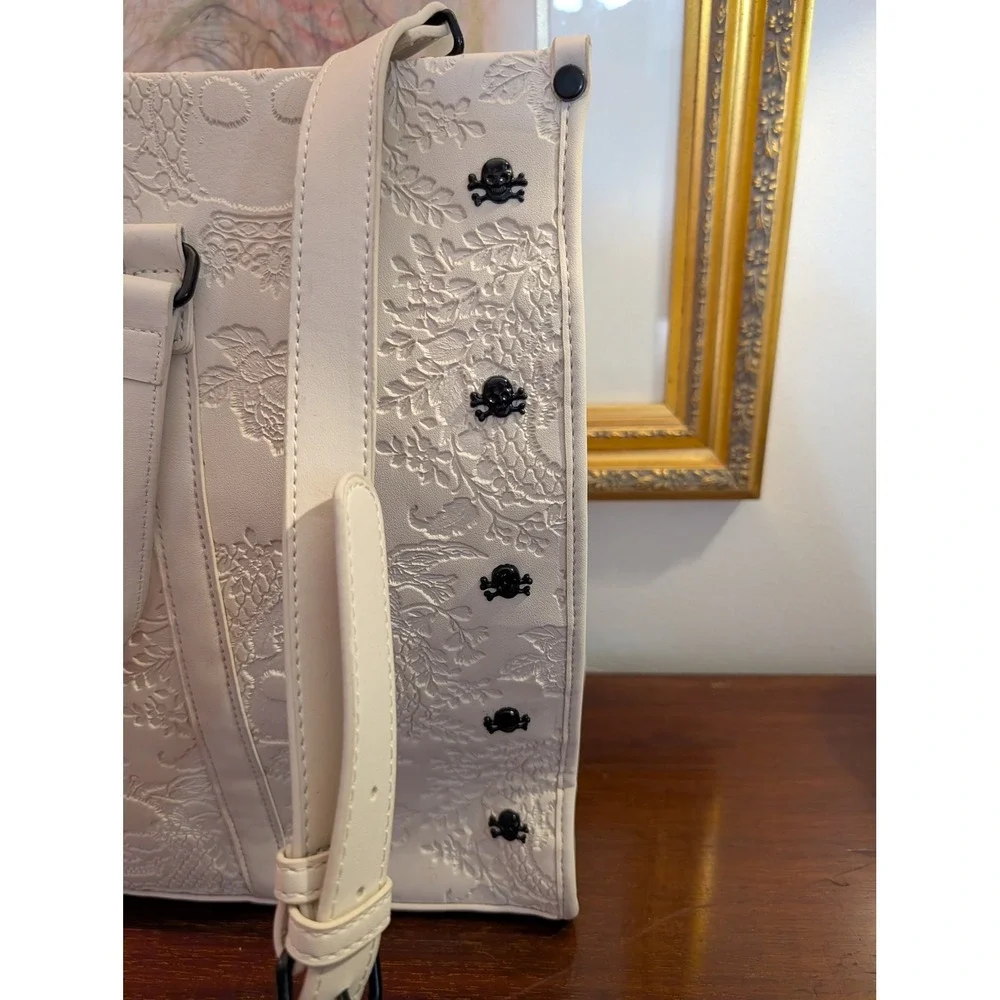 Betsey Johnson Cream Embossed Skull Floral Tote Bag Black Studded Crossbody Tote
